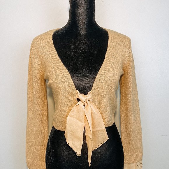 INC International Concepts Mustard 3/4 sleeve Sequined Cuffs & Tie Front Sweater - Picture 4 of 12